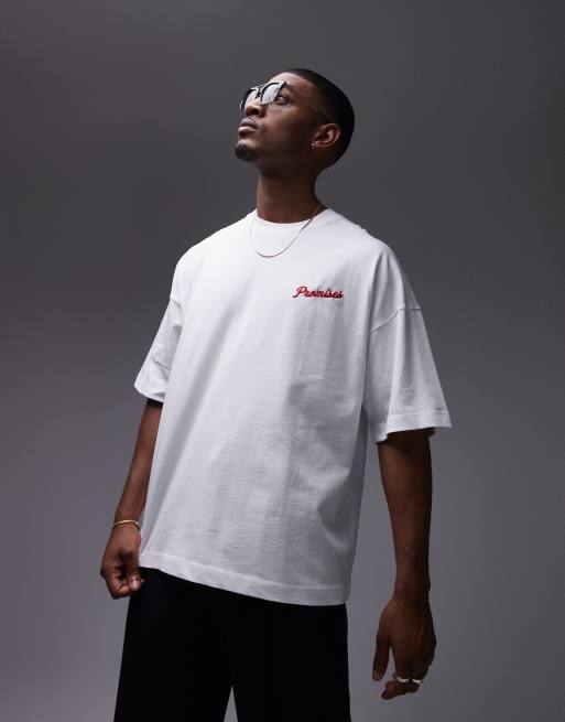 Topman heavyweight extreme oversized fit t-shirt with front and back red promises embroidery in white, 2 of 4