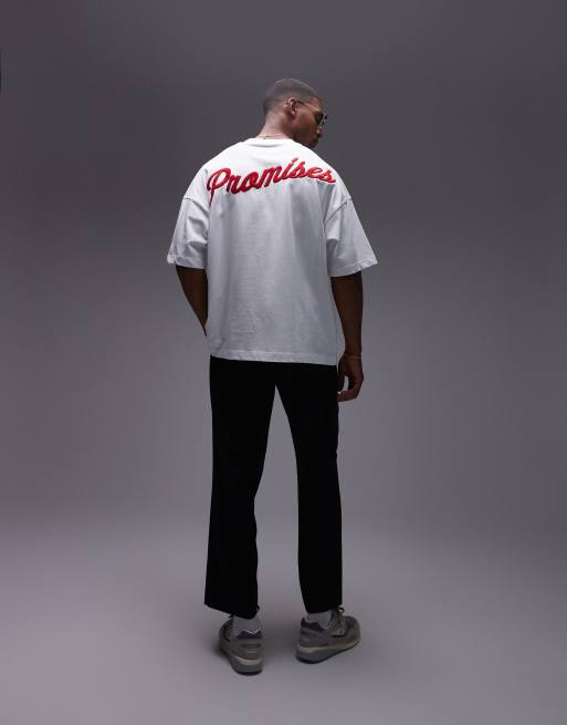 Topman heavyweight extreme oversized fit t-shirt with front and back red promises embroidery in white, 3 of 4