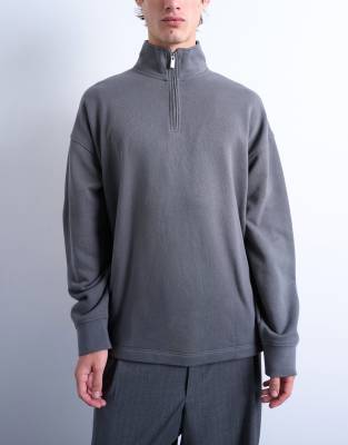 Topman Heavyweight Oversized Fit 1/4 Zip Sweatshirt In Gray
