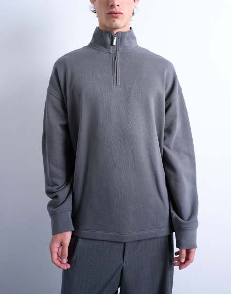Topman heavyweight oversized fit 1/4 zip sweatshirt in charcoal - view 1