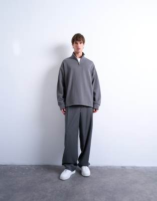 Topman Heavyweight Oversized Fit 1/4 Zip Sweatshirt In Gray