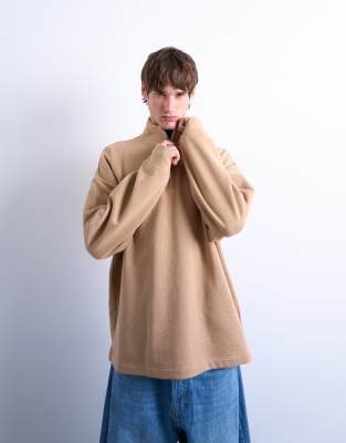 Topman Heavyweight Oversized Fit 1/4 Zip Sweatshirt In Neutral