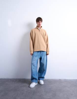 Topman Heavyweight Oversized Fit 1/4 Zip Sweatshirt In Neutral