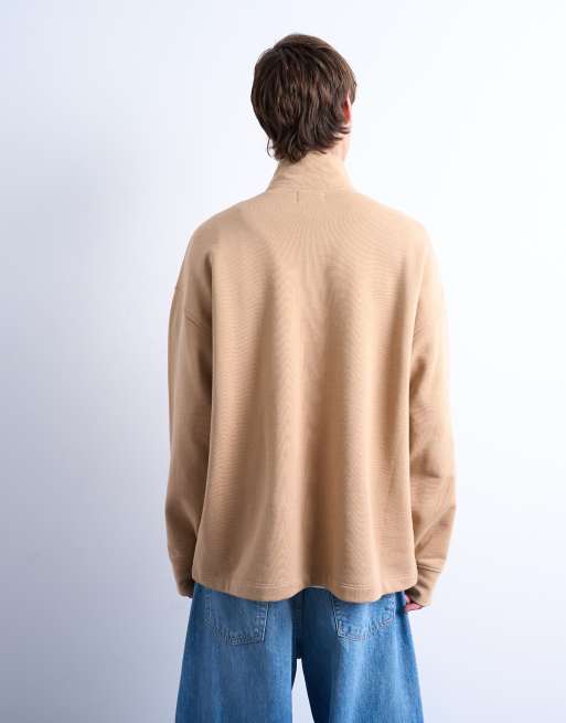 Topman heavyweight oversized fit 1/4 zip sweatshirt in dark stone, 3 of 5