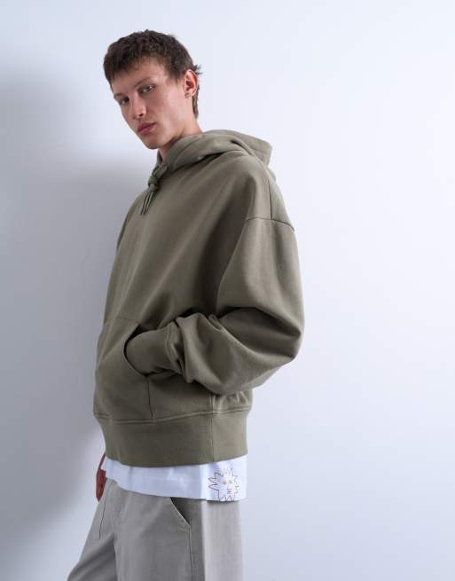 Topman heavyweight oversized fit hoodie in khaki, 3 of 5