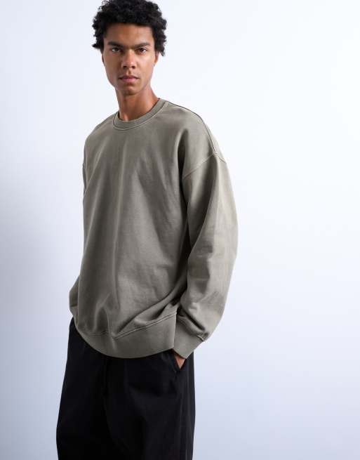 Topman heavyweight oversized fit sweatshirt in washed khaki, 2 of 5