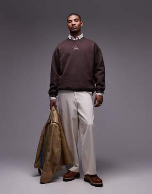 Shop Topman Heavyweight Oversized Fit Sweatshirt With Paris Embroidery In Brown