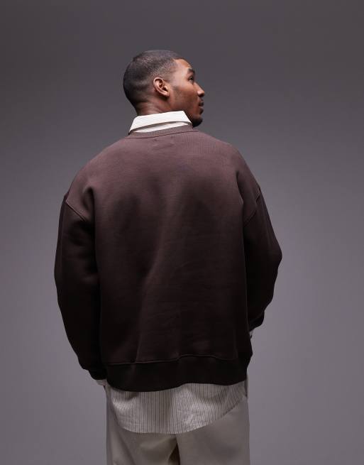 Topman heavyweight oversized fit sweatshirt with Paris embroidery in brown, 4 of 4