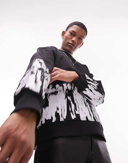 Topman heavyweight oversized fit sweatshirt with placement crowd print in black