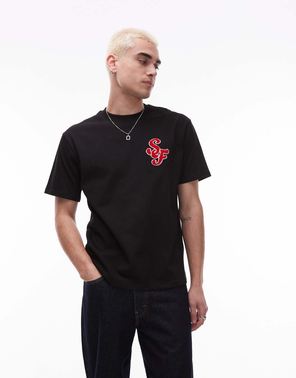 Topman heavyweight oversized fit t-shirt with letter chenille embroidery in black