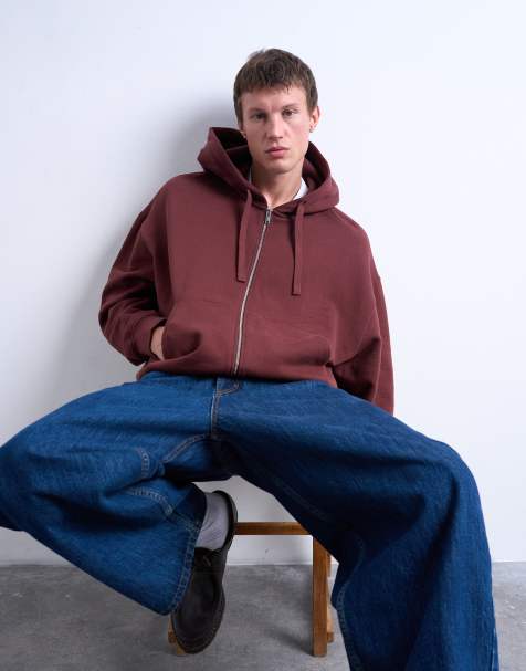 Topman heavyweight oversized fit zip through hoodie in brown - view 1