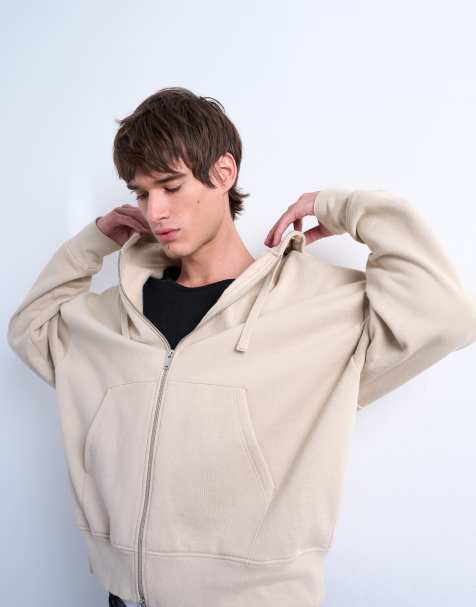 Topman heavyweight oversized fit zip through hoodie in light stone - view 1