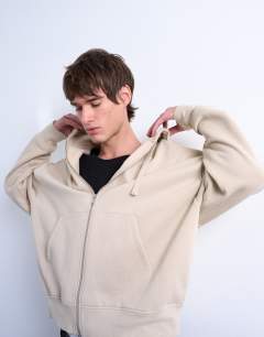 Heavyweight oversized fit zip through hoodie in light stone