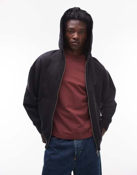 Topman heavyweight oversized fit zip up hoodie in black - view 1