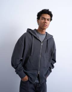 Heavyweight oversized zip through hoodie in charcoal