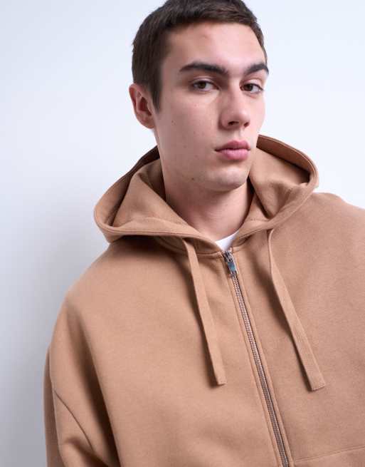 Topman heavyweight oversized zip through hoodie in stone, 4 of 5