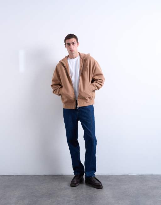 Topman heavyweight oversized zip through hoodie in stone, 5 of 5