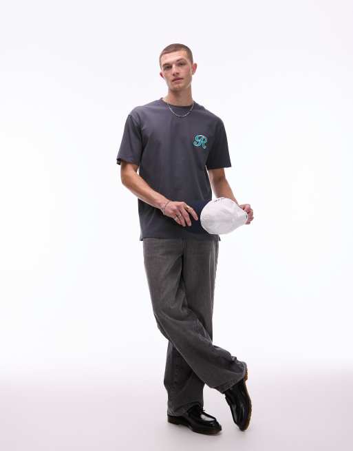 Topman heavyweight relaxed fit t-shirt with letter chenille embroidery in charcoal, 2 of 4