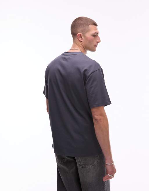 Topman heavyweight relaxed fit t-shirt with letter chenille embroidery in charcoal, 4 of 4