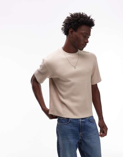 Topman heavyweight waffle boxy fit t-shirt in stone - view 1