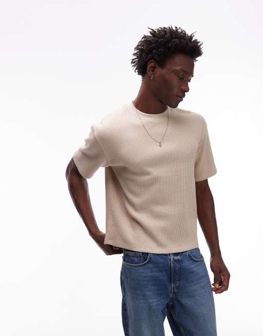 Topman heavyweight waffle boxy fit t-shirt in stone