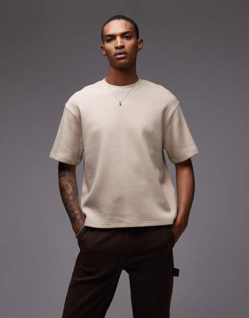 Topman heavyweight waffle crop fit t-shirt in stone - STONE