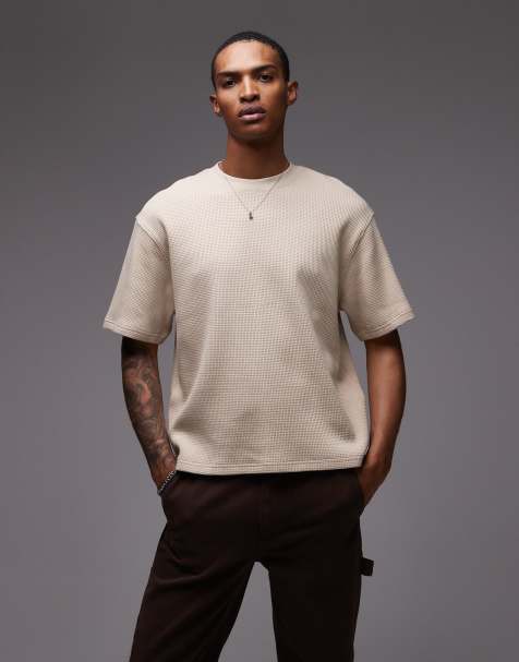 Topman heavyweight waffle crop fit t-shirt in stone - view 1