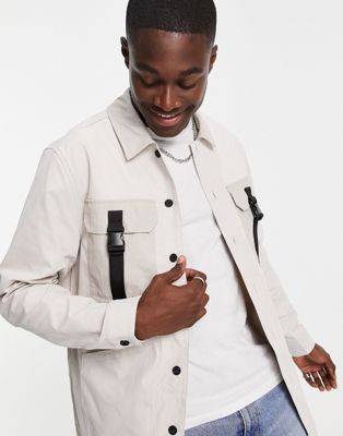Topman – Hemd in der Farbe Stein mit Vier-Taschen-Design und Schnallendetails-Neutral