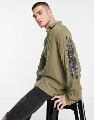 Topman – Hemd in Khaki mit aufgesticktem Drachen-Grün