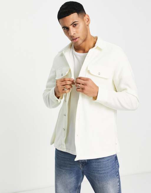 Topman – Hemdjacke aus Polarfleece in gebrochenem Weiß