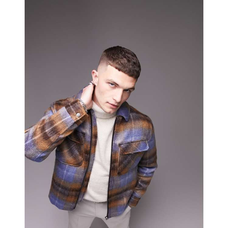 Topman – Hemdjacke aus Wollmix in Blau und Braun kariert ASOS