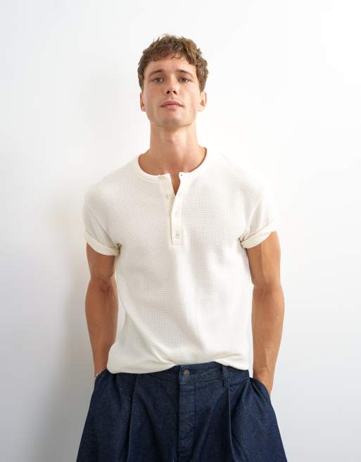 Topman henley slim fit a maniche corte in tessuto piqué color ecru
