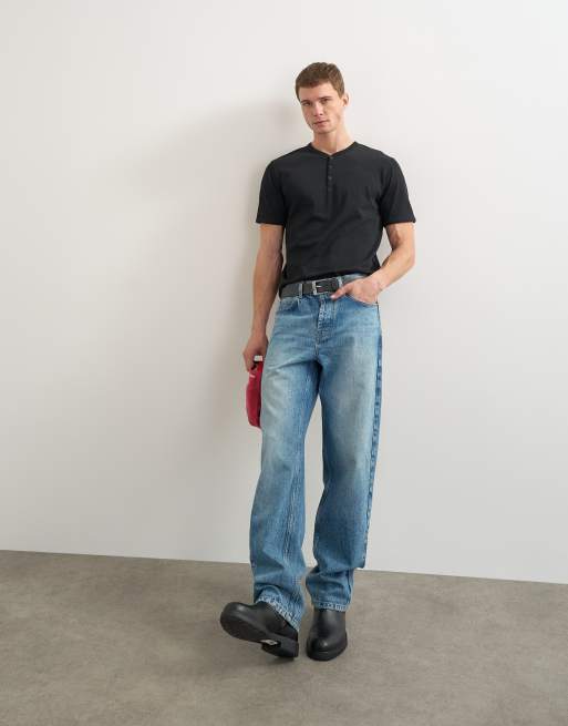 Topman Henleyshirt in klassischer Passform mit eingefasster Knopfleiste in Schwarz, 2 von 5
