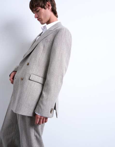 Topman herringbone double breasted blazer in stone - view 1