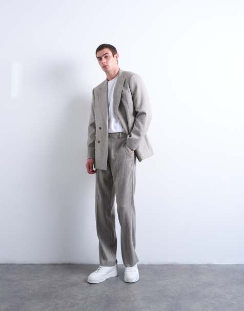 Topman herringbone relaxed trousers in stone