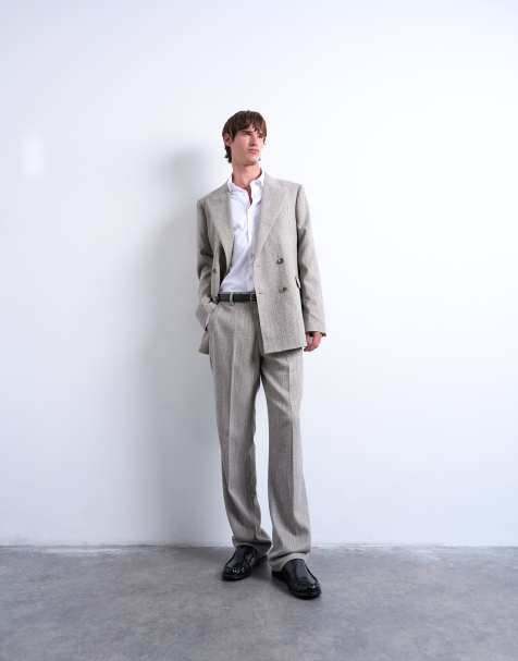 Topman herringbone relaxed trousers in stone - view 1