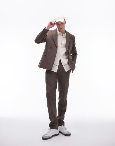 Topman herringbone slim pants in brown - view 1