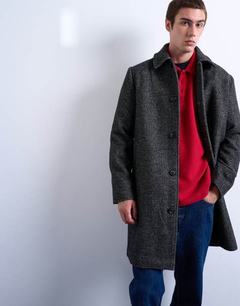 Topman herringbone wool blend overcoat in black - view 1
