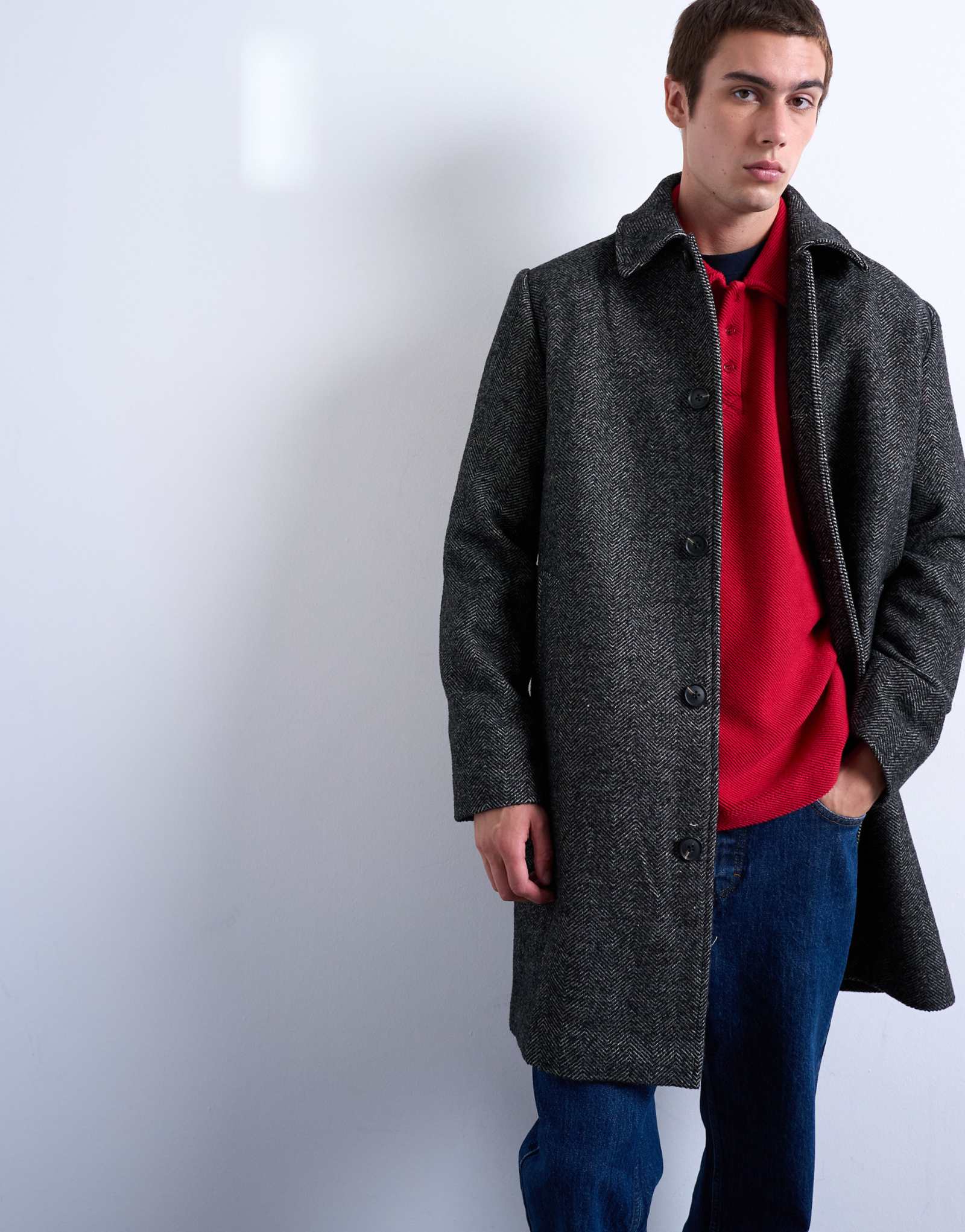 Пальто из смеси шерсти Topman в елочку черного цвета