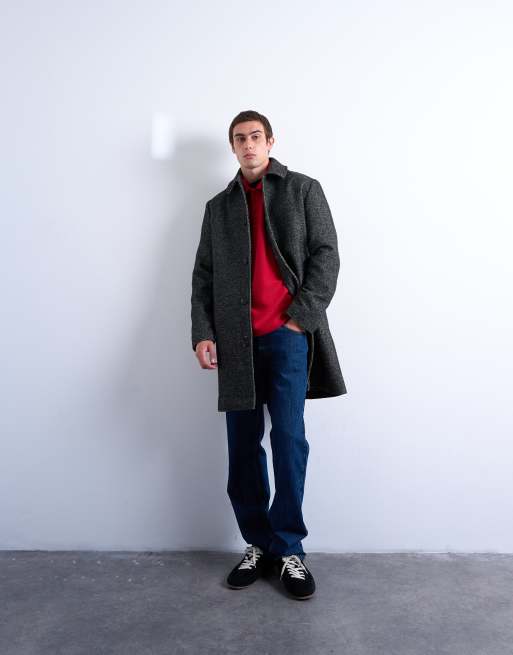 Topman herringbone wool blend overcoat in black, 2 of 5