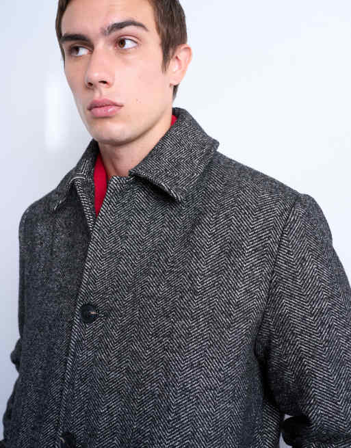 Topman herringbone wool blend overcoat in black, 4 of 5