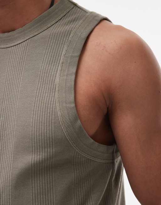 Topman high neck stripe rib knit tank top in washed sage