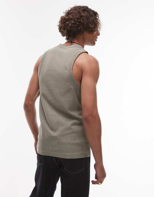 Topman high neck stripe rib knit tank top in washed sage