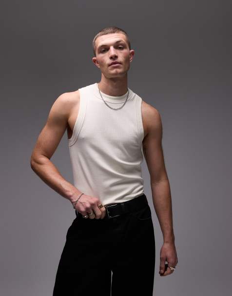 Topman high neck stripe rib singlet in ecru (part of a set) - view 1