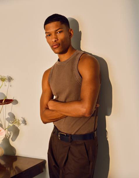 Topman high neck stripe rib singlet in washed brown - view 1