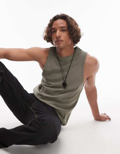 Topman high neck stripe rib vest in washed sage - view 1