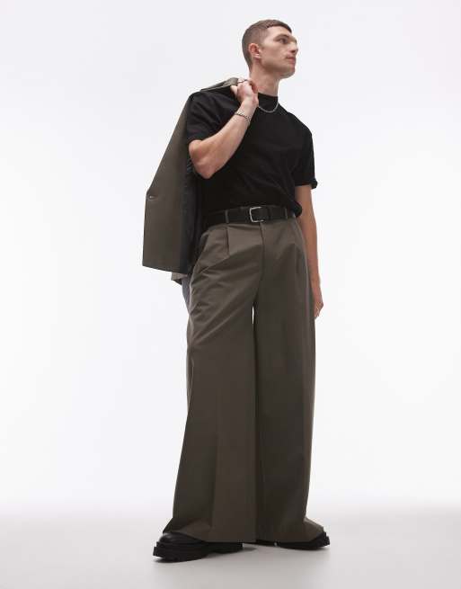 Topman wide leg high waist trousers in khaki