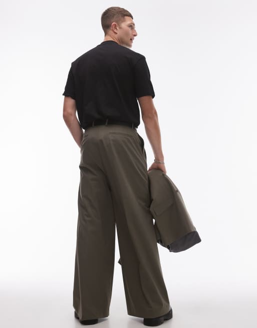 Topman wide leg high waist trousers in khaki