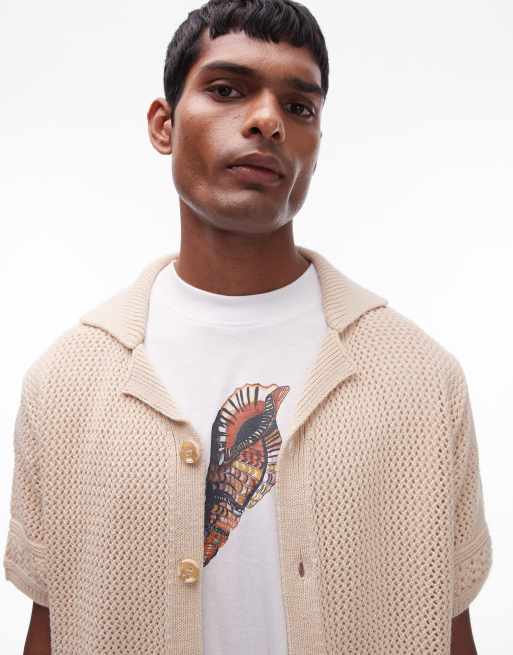 Topman - Hæklet poloskjorte med paneler i beige