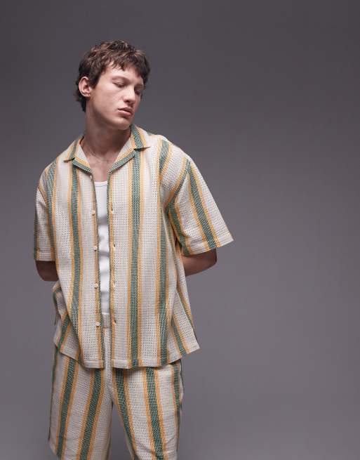 Topman - Hæklet skjorte med korte ærmer og multifarvede striber - Del af sæt